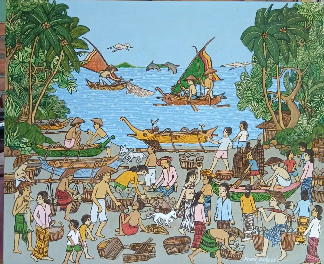 “Pasar di Pantai” — Beach Market, a painting by Jero Wayan Amer Ambarie