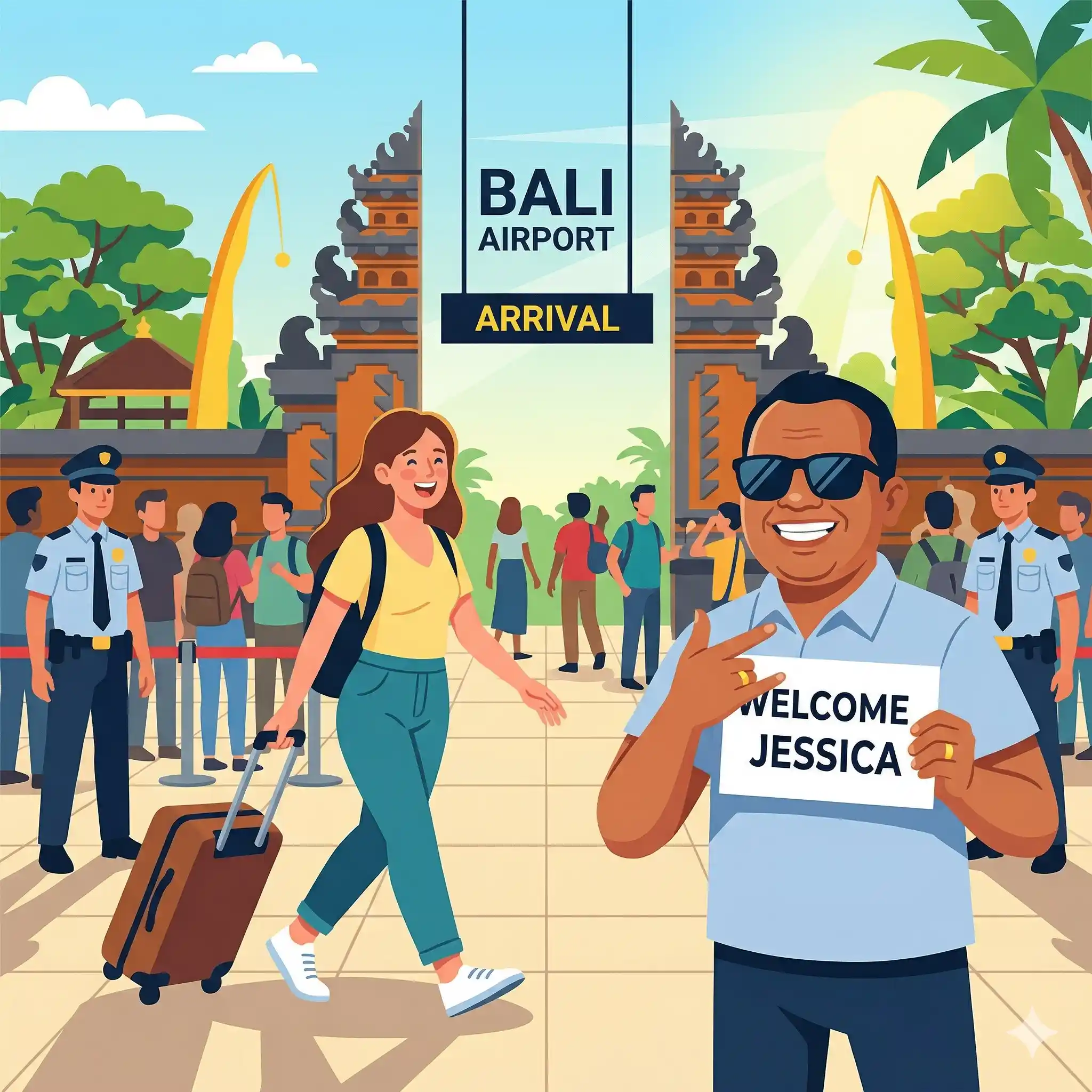 Driver Ketut waiting at Bali Ngurah Rai Airport arrivals hall with name sign