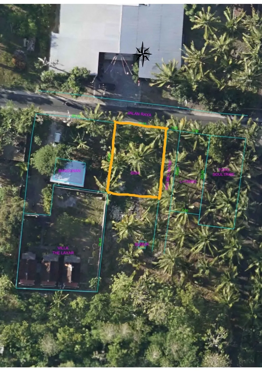 Aerial view showing the approximate position of the plot beside Villa The Layar, on the main road