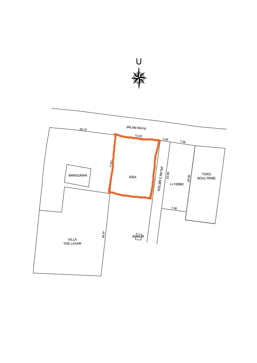 Sketch plan showing the plot between Villa The Layar and the three-metre lane, with the main road to the north
