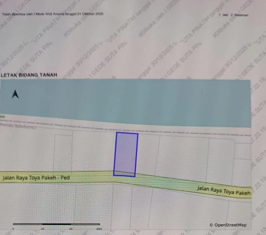 Official land-office plot map showing the parcel on the Toya Pakeh – Ped main road